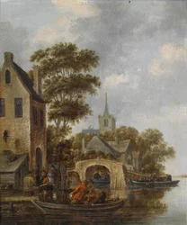 Paysage fluvial avec un bac